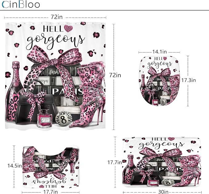 4Pcs Black and Pink Leopard Print Shower Curtain Set,Fashion Modern Girly Bow Perfume Striped Bathroom Curtain with Rug,Toilet Lid Cover, Bath Mat,High Heels Books Shower Curtain with 12 Hooks