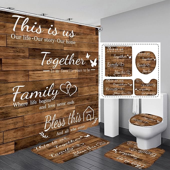 4Pcs Family Shower Curtain Sets with Non-Slip Rugs, Toilet Lid Cover and Bath Mat, Brown Home Bathroom Decor Set Accessories Waterproof Shower Curtains with 12 Hooks, 72 x 72 Inch