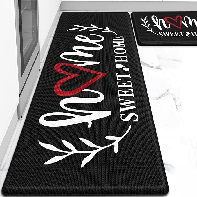 HappyTrends Kitchen Mat for Floor, 2PCS Cushioned Anti-Fatigue Kitchen Rugs, Waterproof Non-Slip Standing Mats and Rugs Set for Kitchen, Office, Laundry, Black, 17.3"×30"+17.3"×59"