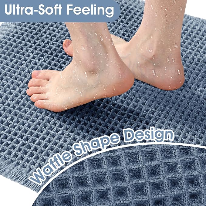 IM HOME Upgrade Waffle Bath Mat, Boho Bathroom Rugs Absorbent Non Slip, Ultra Soft Bathroom Mat, Machine Washable Knit Bath Rugs with Border for Bathroom, Bedroom, Kitchen, Shower, Tub, 32"x20", Blue