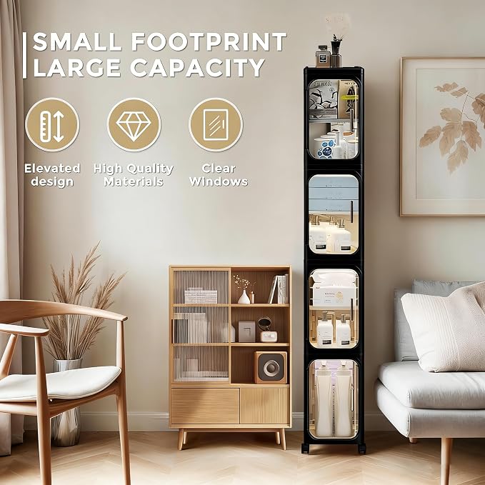 UFORU 4-Tier Tall Narrow Storage Cabinet- Plastic Slim Bathroom Storage Organizer with Magnetic Doors,Adjustable Shelves&Movable Wheels, Foldable Skinny Cabinet for Small Spaces,Kitchen, Black