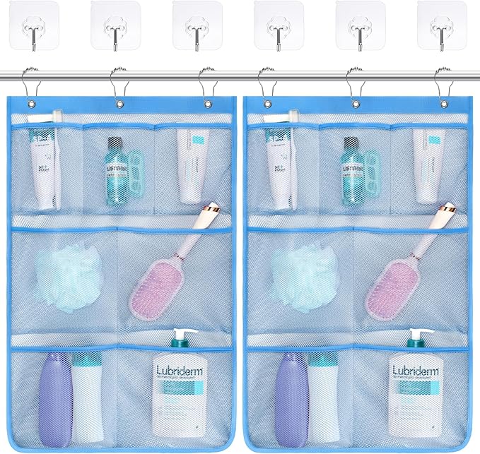 F-color Cruise Essentials 2026 - Mesh Shower Organizer Hanging with 7 Pockets for RV Gym Camping, Quick-Dry Portable Toiletry Bag with Metal Hooks for Bathroom Travel Toiletries, Blue+Blue