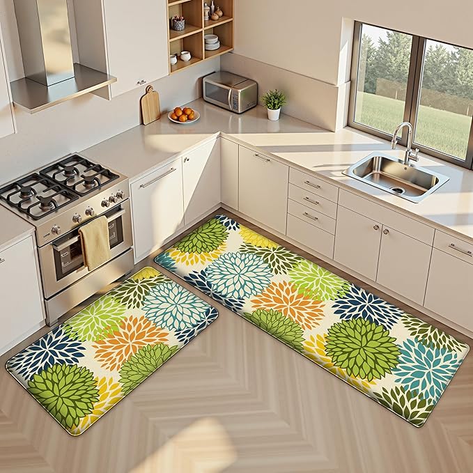 Kitchen Mats Set of 2 Cushioned Anti Fatigue Kitchen Rugs Mats Non Slip Waterproof Kitchen Runner Memory Foam Floor Mat Comfort Standing Mat for Sink,Office,Laundry, Multi Green