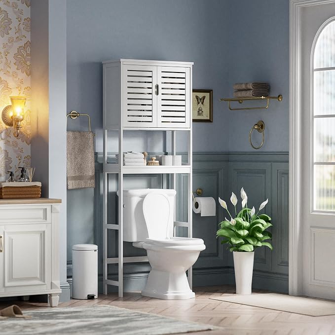 SMIBUY Bathroom Over The Toilet Storage Cabinet, 2 Door Bamboo Cabinet Organizer, Freestanding Space Saver Toilet Rack with Adjustable Inside Shelf and Open Shelf (White)