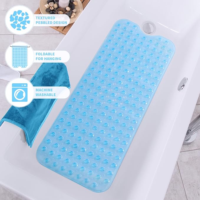 ROSMARUS Shower Mat Extra Long 16” x 39” Non-Slip Bath Mat for Tub with Suction Cups and Drain Holes Bathtub Mats for Kids, Baby, Bathroom Shower Floor Mat Anti Slip Bathtub Accessories, Blue