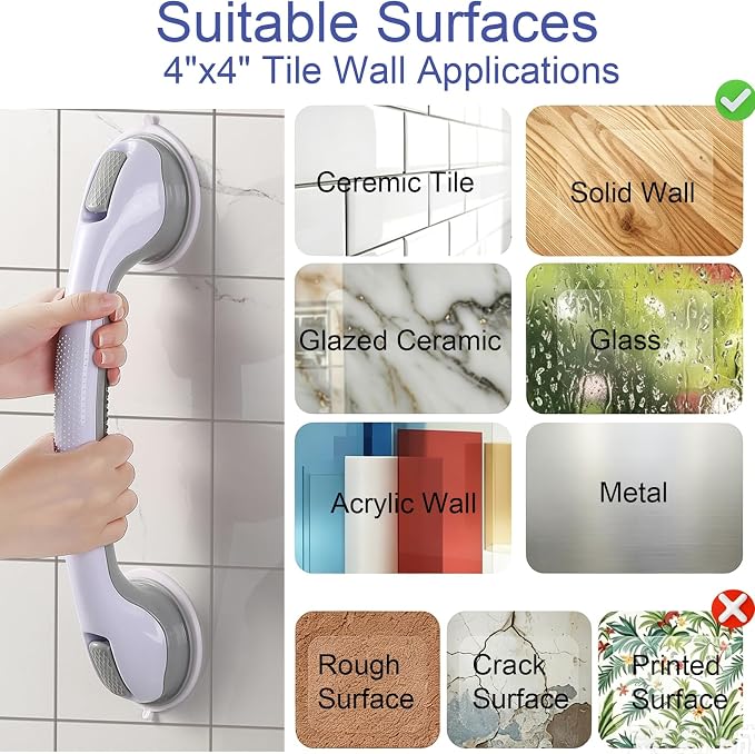 Grab Bars for Bathtubs and Showers 2 Pack Suction Grab Bar, Heavy Duty Shower Handle Removable Bath Handrails for Seniors and Elderly, Bathroom Safety Grip No Drilling Waterproof,Grey