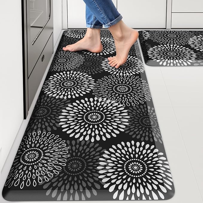 LuxStep Kitchen Mats for Floor,0.47 inch Thicker Cushioned Rug Anti-Fatigue Mats for Kitchen Decor Accessories,Waterproof Non-Slip Mats and Rugs Set for Office,Laundry 17.3"×29"+17.3"×47",Black