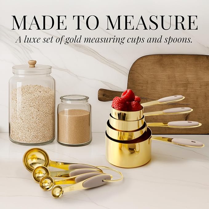 Styled Settings 23-Piece Beige and Gold Utensils Set – Silicone Nonstick Cooking Tools with Garlic Press, Can Opener, Measuring Cups, Utensil Holder – Luxury Kitchen Accessories for Modern Homes