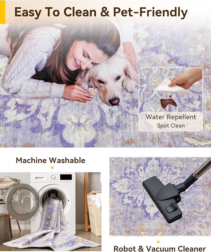 RELEANY Area Rugs Square 7ft Washable Non-Slip, Floral Vintage Distress Medallion Carpet for Living Room Bedroom Dining Room, Light Purple Brown