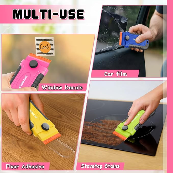 DIYSELF 2 Pcs Plastic Razor Blade Scraper with 10 Pcs Blades, Plastic Scraper Tool for Adhesive Remover, Scrapers for Cleaning Stickers, Decals, Glass, Windows, Car, No Scratches (Yellow)