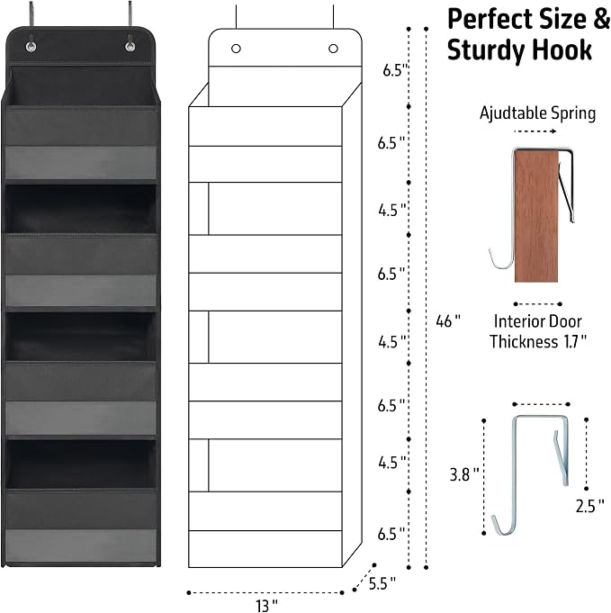 TYMENSH Black Over Door Organizer with 4 Large Clear Pockets, Compact Black Hanging Door Storage for Closet, Bathroom, Bedroom, Dorm, Nursery, Toys, Cosmetics, Baby Essentials