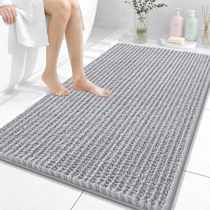 OLANLY Bathroom Rug Mat 44x32, Thick Soft and Absorbent Chenille Bath Mat, Non-Slip Rubber Backing, Machine Washable Quick Dry Bath Rugs for Tub Shower Floor, Home Decor Accessories, Light Grey