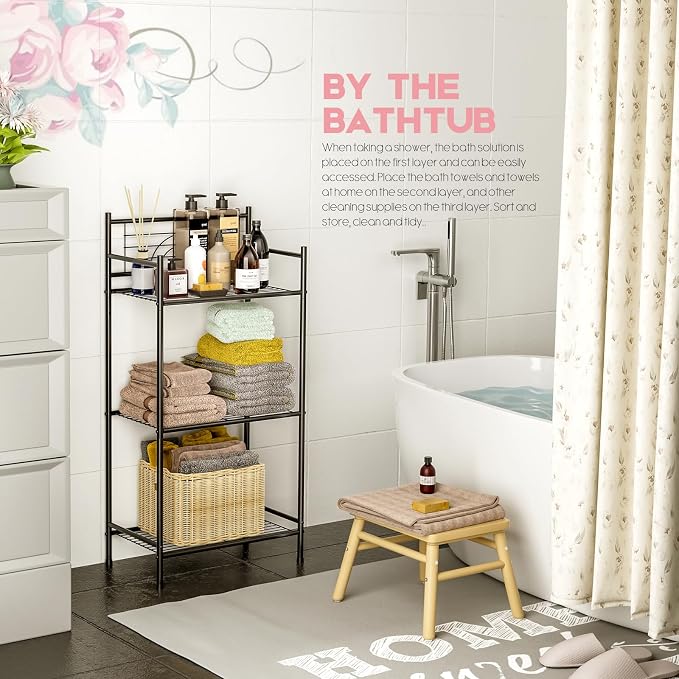LEEDA 3-Tier Freestanding Multipurpose Storage Shelves Heavy Duty Metal Shelving Unit, Display Plants Flowers Bath Essentials, for Kitchen Bathroom Office, Black
