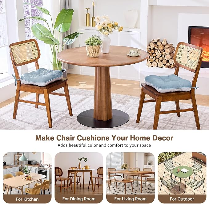 BETU Chair Cushions for Dining Chairs Set of 2,3.5" Thick Kitchen Table Chair Pads with Ties,Non Slip Backing and Covers, Seat Cushion for Dining Room,Bar,Patio Chairs,15.5"X15.5"X3.5",Smoky Blue