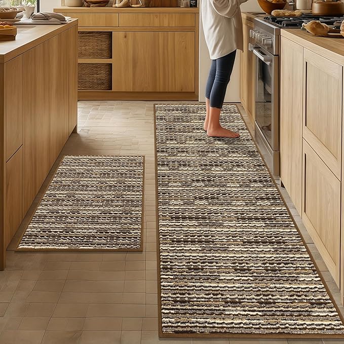 Kitchen Rugs Sets of 2-Non Slip Kitchen Mats for Floor-Thick Stain Resistant Vintage Kitchen Floor Mat Runner Carpet for Hallways Entryway Laundry Room Washable（Brown 24"x70"+24"x35"）