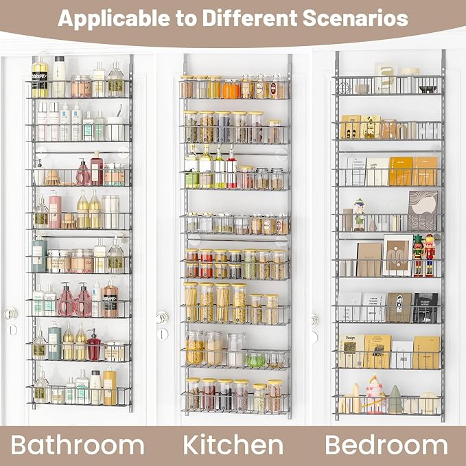 ElegantArray 8-Tier Pantry Door Oragnizer, Over The Door Pantry Organizer Rack and Storage, Hanging Spice Rack Shelves Door, Home Office Laundry Room Bathroom & Kitchen Organization, Light Gray