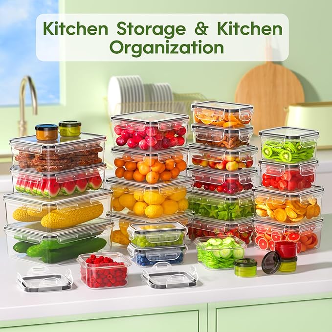 KEMETHY 54-Piece Food Storage Containers with Lids(27 Containers & 27 Lids), Plastic Food Containers for Pantry & Kitchen Storage and Organization, BPA-Free, Leak Proof, Reusable with Labels & Pen