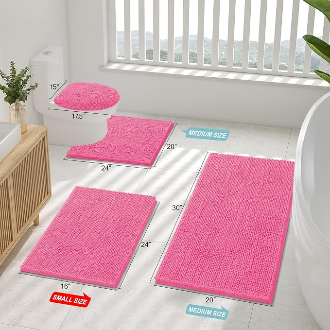Smiry Luxury Chenille Bathroom Rugs 47x20, Extra Soft and Absorbent Shaggy Bath Mat, Machine Washable, Non-Slip Plush Carpet Runner for Tub, Shower, and Floor, Home Decor Accessories, Hot Pink