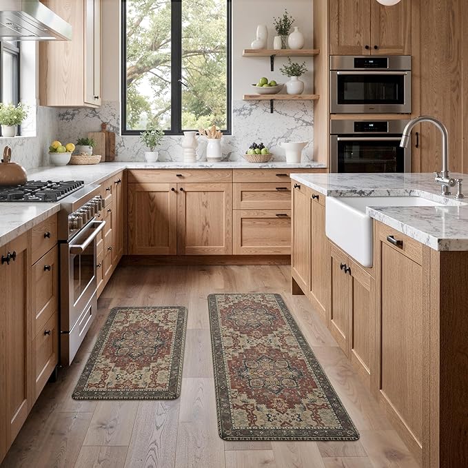 GENIMO Kitchen Mats for Floor 2PCs, Washable Anti Fatigue Mat for Cushioned, 17.3"x47"+17.3"x30", Waterproof Kitchen Rugs, Non Slip Comfort Standing Mat Rug for Home, Sink, Laundry, Bordeaux