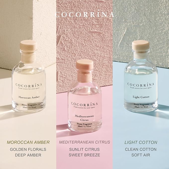COCORRÍNA Eucalyptus Reed Diffuser Set of 3 - Light Cotton, Mediterranean Citrus, Moroccan Amber Scents, 1.7 fl oz Each, Total 5.1 oz, Scented Oil Diffusers for Home & Office
