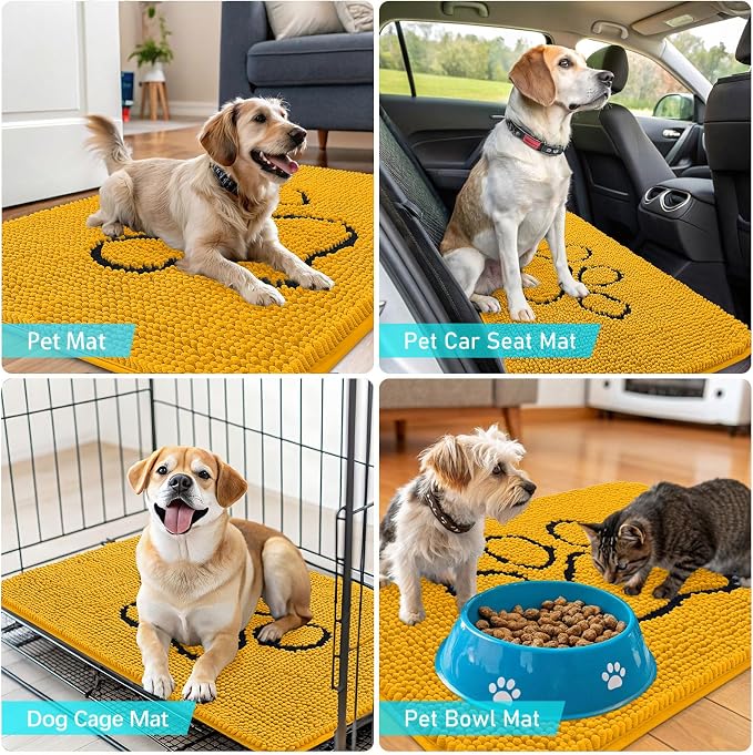 OLANLY Dog Door Mat for Muddy Paws 30x20, Paw Print Design, Absorbs Moisture and Dirt, Absorbent Non-Slip Washable Doormat, Quick Dry Chenille Mud Mat, Entry Indoor Entryway Carpet, Golden Yellow