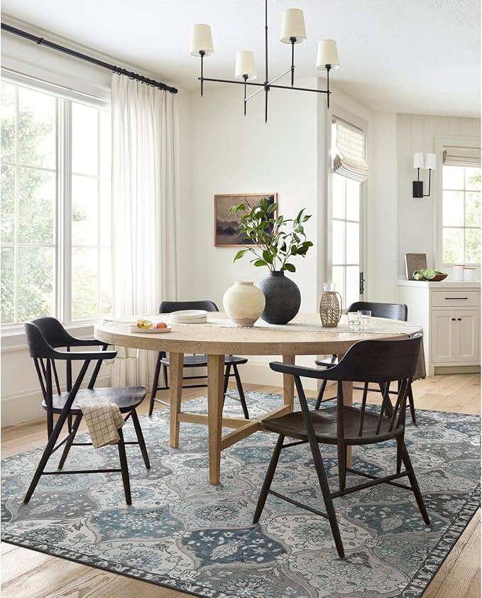 Lahome Moroccan Washable Area Rug 6x9, Ultra-Thin Large Living Room Rugs for Bedroom, Oriental Trellis Distressed Non Shedding Throw Carpet for Dining Room Office Elise, Blue