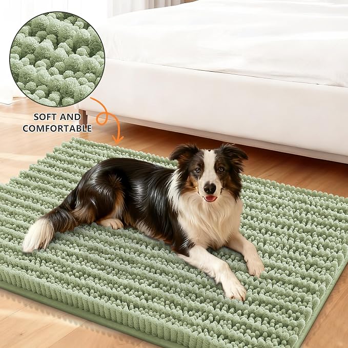 Smiry Dog Door Mat for Muddy Paws 40x32, Absorbent Dirt Trapper, Non-Slip Washable Chenille Entryway Rug for Inside Floor, Sage Green, Layered Pattern