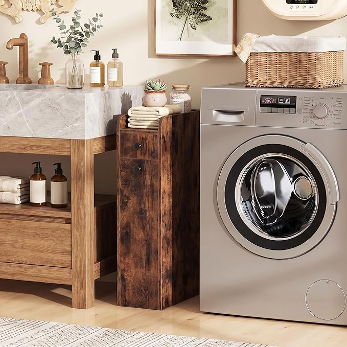 COSTWAY Slim Bathroom Cabinet, 7" Wide Space-Saving Storage with 2-Tier Slide-Out Drawer, Shelf & Toilet Paper Holder, Freestanding Narrow Organizer for Bathroom, Laundry & Small Spaces (Rustic Brown)