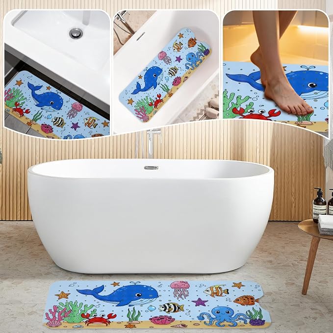 Bath Tub Shower Mat Non Slip Kids Bathtub Mat Anti Slip Baby Bath Mat for Tub 40 x 16 Inch Extra Long Toddler Bath Mat with Suction Cups and Drain Holes for Bathroom Floor,Machine Washable,Undersea
