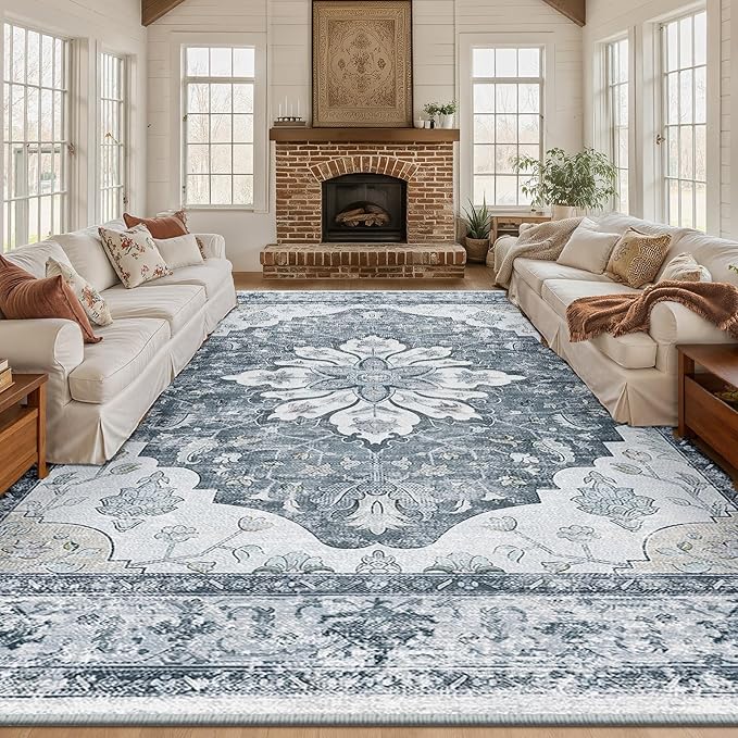 RELEANY Area Rugs Large 10'x14' Washable Non-Slip, Floral Vintage Distress Medallion Carpet for Living Room Bedroom Dining Room, Light Gray Grey White