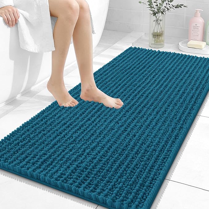 OLANLY Long Bathroom Rugs Runner 47x24, Thick Soft and Absorbent Chenille Bath Mat, Non-Slip, Machine Washable Quick Dry Bath Rugs for Tub Shower Floor, Home Decor Accessories, Peacock Blue