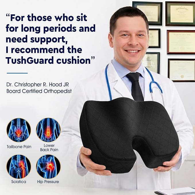 TushGuard Office/ Car Seat Cushion, Non-Slip Sciatica & Back Coccyx Tailbone Pain Relief Chair Pad, Memory Foam Butt Pillow for Computer Desk, Wheelchair, Driving (Black)