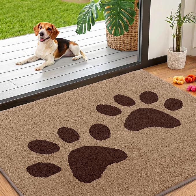 Smiry Dog Door Mat for Muddy Paws, Absorbs Moisture and Dirt, Low-Profile Entryway Mat with Non-Slip Backing, Entry Indoor Outdoor Doormat for Inside Floor (40x32 Inches, Beige, Paw
