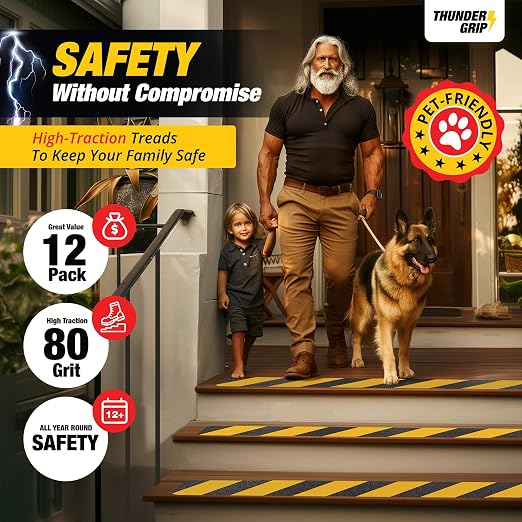 Black and Yellow Non Slip Strips for Steps 30" x 4" 12-Pack Outdoor Stair Treads - Waterproof Anti Slip Grip Tape for Safety Walk - Strong Adhesive Caution Tape for Floor and Ramps by Thunder Grip