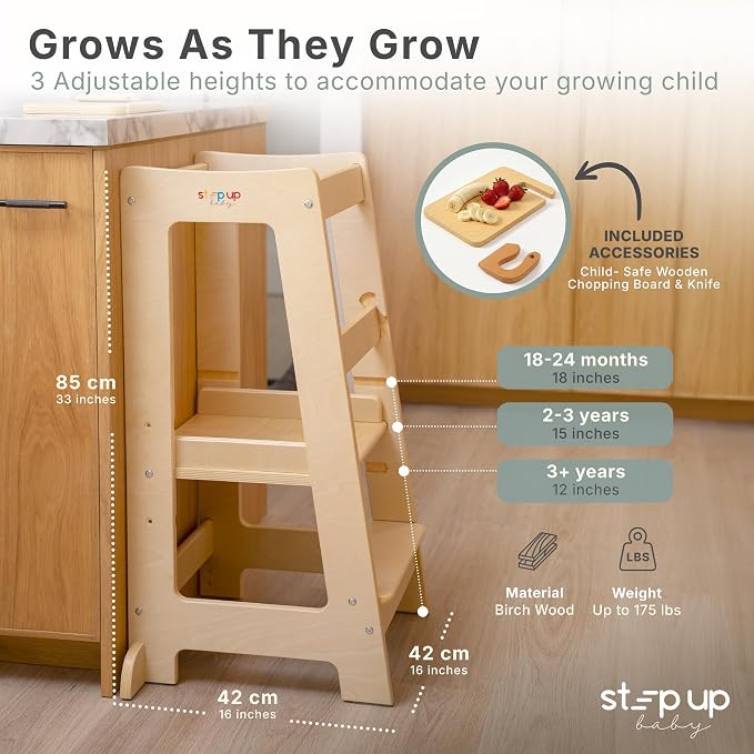 Stepup Baby Toddler Step Stool - Adjustable Height Kids Helper Step Stool, Durable, Non-Slip Platform for Bathroom Sink & Kitchen Counter, Toddler Tower for Exploration and Growth - Natural