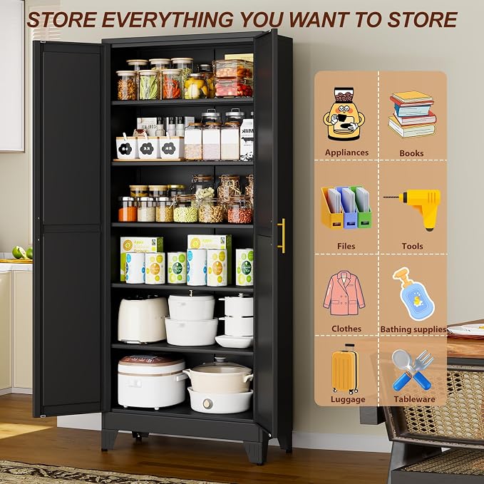 75" Black Metal Garage Storage Cabinet with 2 Doors and 5 Adjustable Shelves,Kitchen Pantry Cabinet,File Cabinet,Steel Tool Cabinet for Home,Office,Garage,School,Warehouse