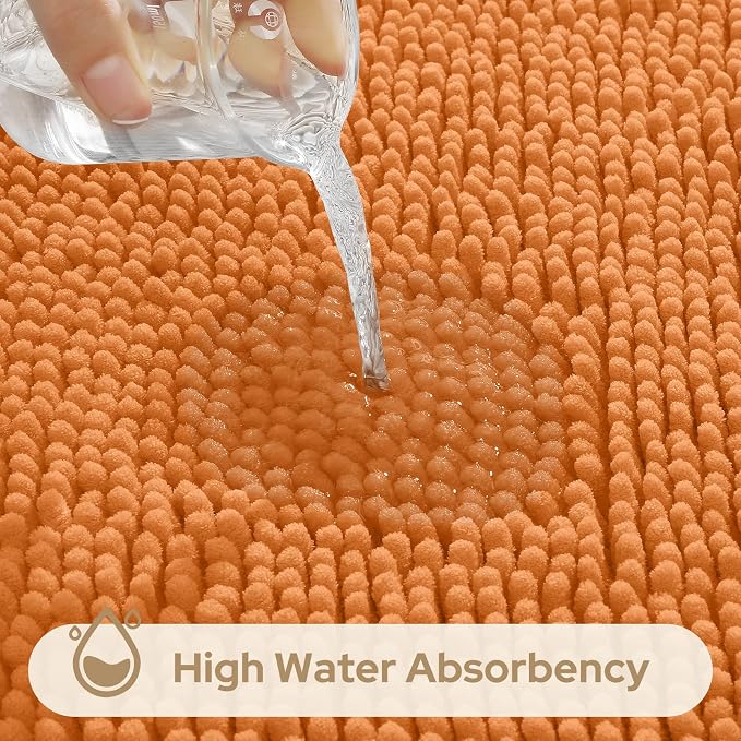 HOMEIDEAS 3 Pieces Bathroom Rugs, Ultra Soft Non Slip Absorbent Chenille Toilet Bath Mat Set (Orange)