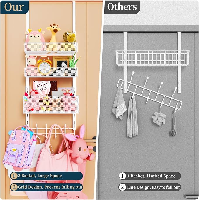 Consumest Over The Door Hooks Organizer - 4 Tier Door Coat Rack with 3 Baskets & 12 Hooks, Stainless Steel Towel Hanger for Bedroom, Bathroom, Living Room, White