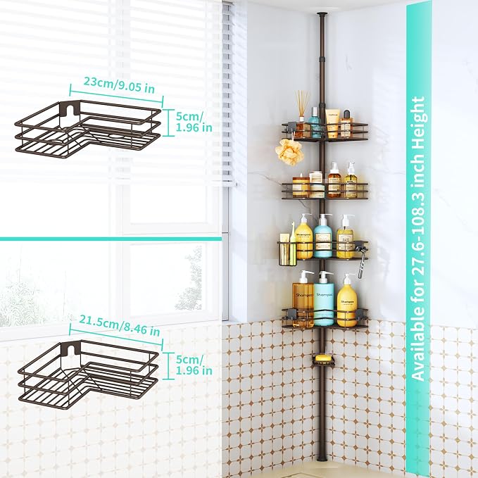 HapiRm Corner Shower Caddy Organizer - Shower Organizer Corner with Soap Holder, Toothbrush Holder and 4 Hooks, Rustproof Bathroom Shelf Tension Pole Available for 27.6 to 108.3 Inch - Bronze