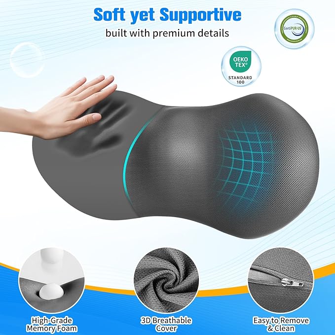 SweetSlubr Lumbar Support Pillow for Office Chair - Memory Foam Lumbar Pillow with Detachable Strap & Breathable Cover, Ergonomic Back Support for Office Chair, Car Seat Cushion, Bed Rest (Grey)