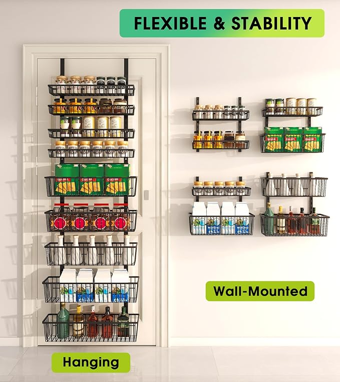 Mefirt 9-Tier Over The Door Pantry Organizer, Pantry Storage and Organization, Black Metal Hanging Spice Rack Seasoning Shelves Door, Wall Mount for Home & Kitchen, Laundry Room Bathroom Organization