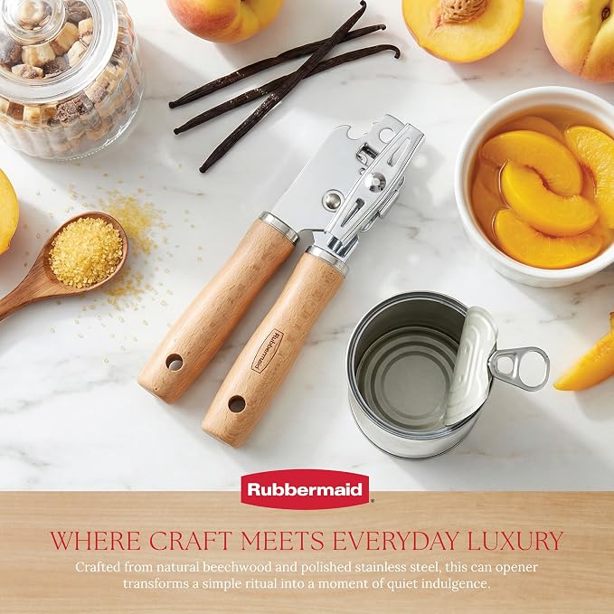 Rubbermaid Heavy Duty Can Opener Manual, Hand-Held Can Opener with Stainless Steel Cutting Wheel - Jar Opener | Solid Beechwood Handles, Kitchen Appliances | Beechwood & Stainless Steel Collection