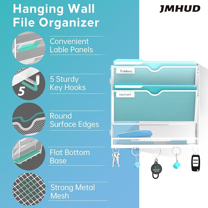 Wall File Organizer - Hanging File Organizer with 5 Hooks, Mail Holder Wall Mounted for Papers, Folders, Magazines, Bills, 3 Tier Office&School Organization, White