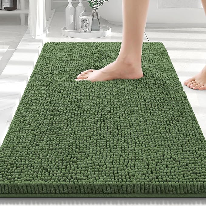 Smiry Luxury Chenille Bathroom Rugs 30x20, Extra Soft and Absorbent Shaggy Bath Mat, Machine Washable, Non-Slip Plush Carpet Runner for Tub, Shower, and Floor, Home Decor Accessories, Olive Green