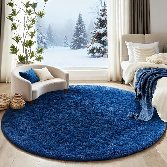 Ophanie Round Rug 6Ft Blue Circle Area Rug, Boys Room Decor, Fluffy Fuzzy Bedroom Carpet, Plush Soft Shaggy Living Room Rugs for Kids Home Aesthetic, Nursery