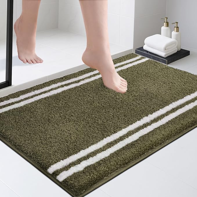 PURRUGS Bathroom Rug Non-Slip Machine Washable 24" x 36", Super Absorbent and Quick Dry Shaggy Microfiber Bath Mat, Extra Soft and Plush Bath Rug for Bathtub, Shower, and Sink, Olive Green