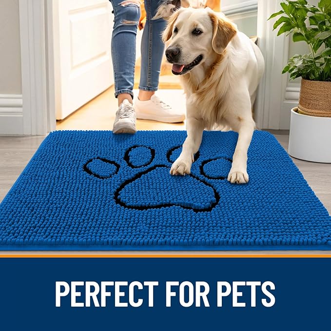 OLANLY Dog Door Mat for Muddy Paws 48x30, Paw Print Design, Absorbs Moisture and Dirt, Non-Slip Washable Doormat, Quick Dry Chenille Mud Mat for Dogs, Entry Indoor Entryway Carpet, Deep Navy Blue