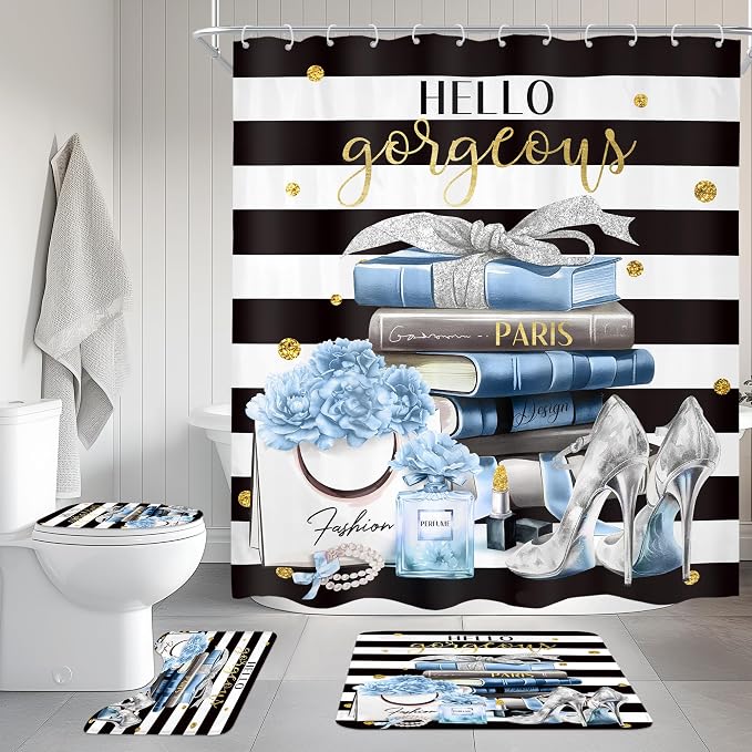 4Pcs Black and Blue Shower Curtain Set,High Heels Striped Perfume Bathroom Curtain with Rug, Toilet Lid Cover, Bath Mat, Fashion Floral Flower Magazine Books Shower Curtain with 12 Hooks