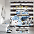 4Pcs Black and Blue Shower Curtain Set,High Heels Striped Perfume Bathroom Curtain with Rug, Toilet Lid Cover, Bath Mat, Fashion Floral Flower Magazine Books Shower Curtain with 12 Hooks