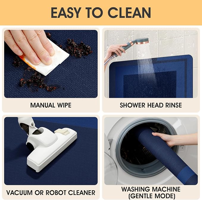 ACCUMTEK Non Slip Bath Mat, Thin Bathroom Rugs Fit Under Door, Quick Dry Bath Mats, Machine Washable Bath Rugs for Bathroom, Bathtub & Kitchen, Dark Blue/Bordered/24 x17+ 24"x20" Contour Rug